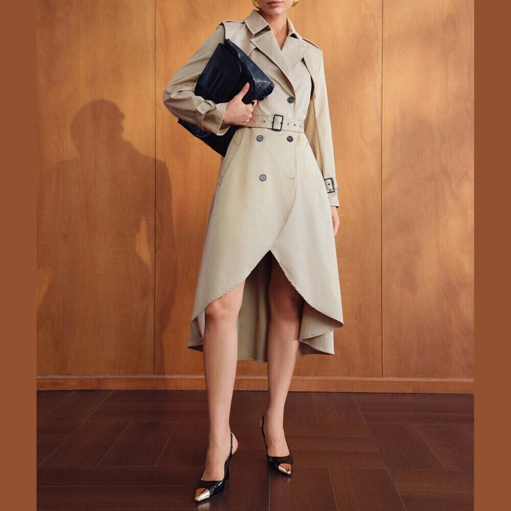 Tan Double Breasted Belted Tulip Hem Front Midi Trench Coat